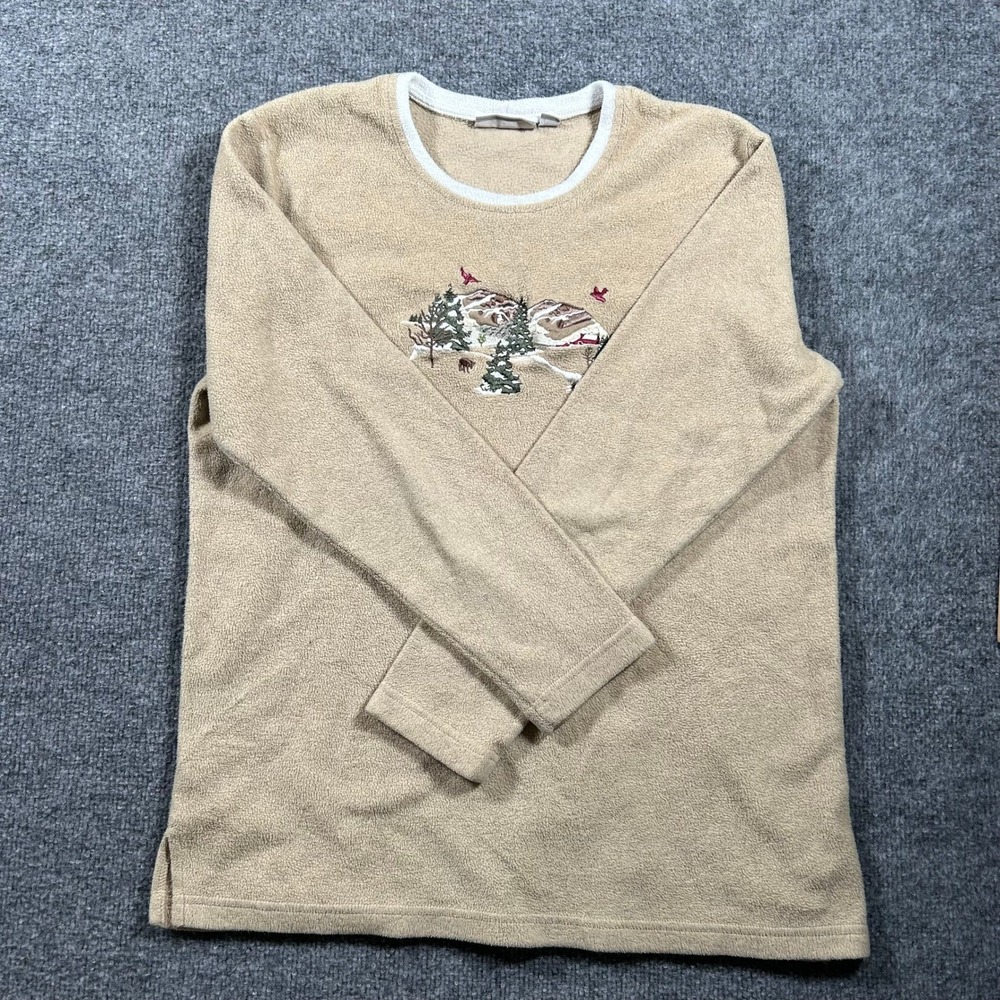 Unknown Fleece Top Womens Size M Tan Embroidered Mountain Scene Long Sleeve Cozy